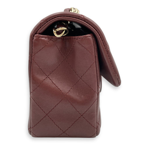 Rectangular Mini Burgundy Flap Bag in Lambskin, Gold hardware