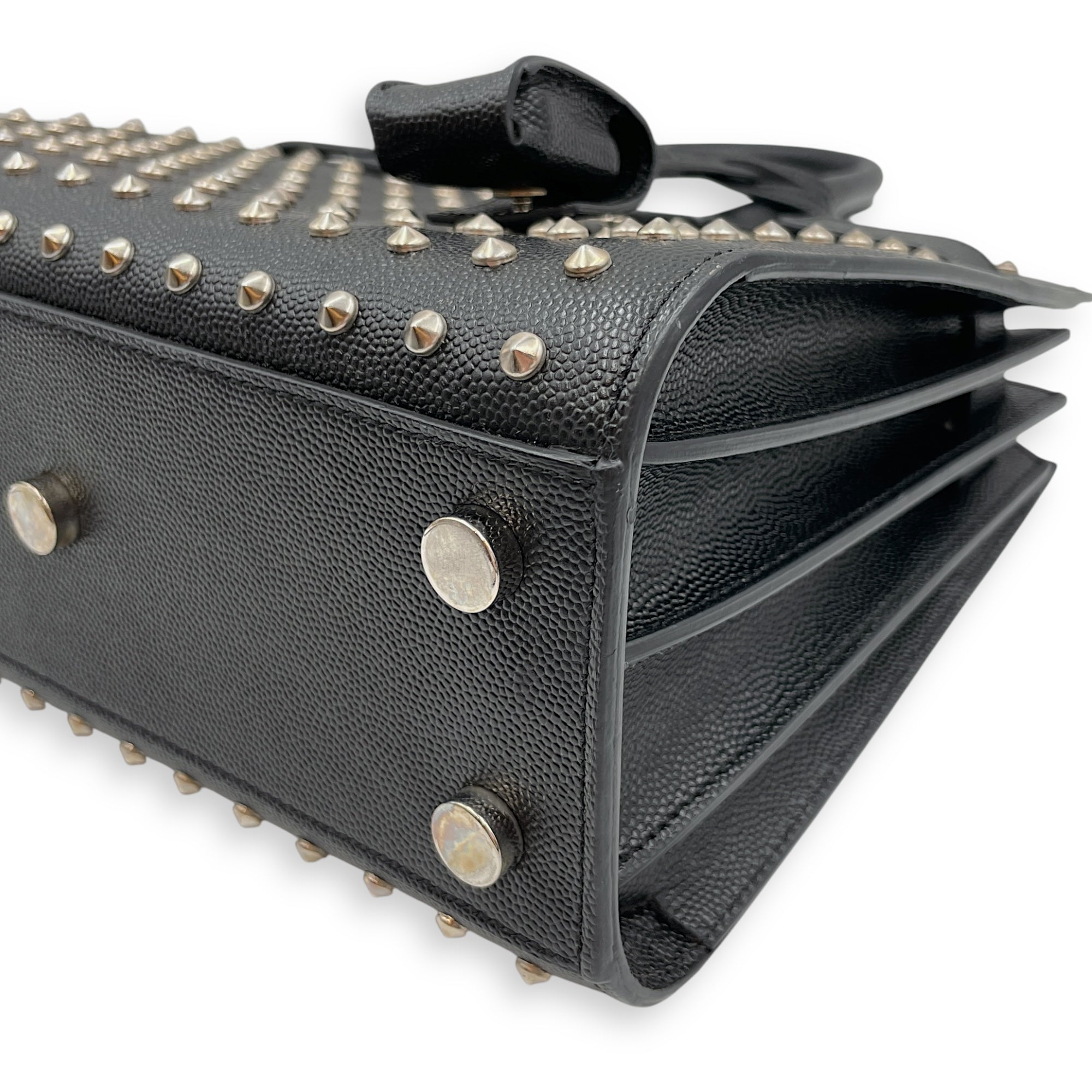 Studded Sac De Jour Nano Black Crossbody Bag in Calfskin, Silver hardware