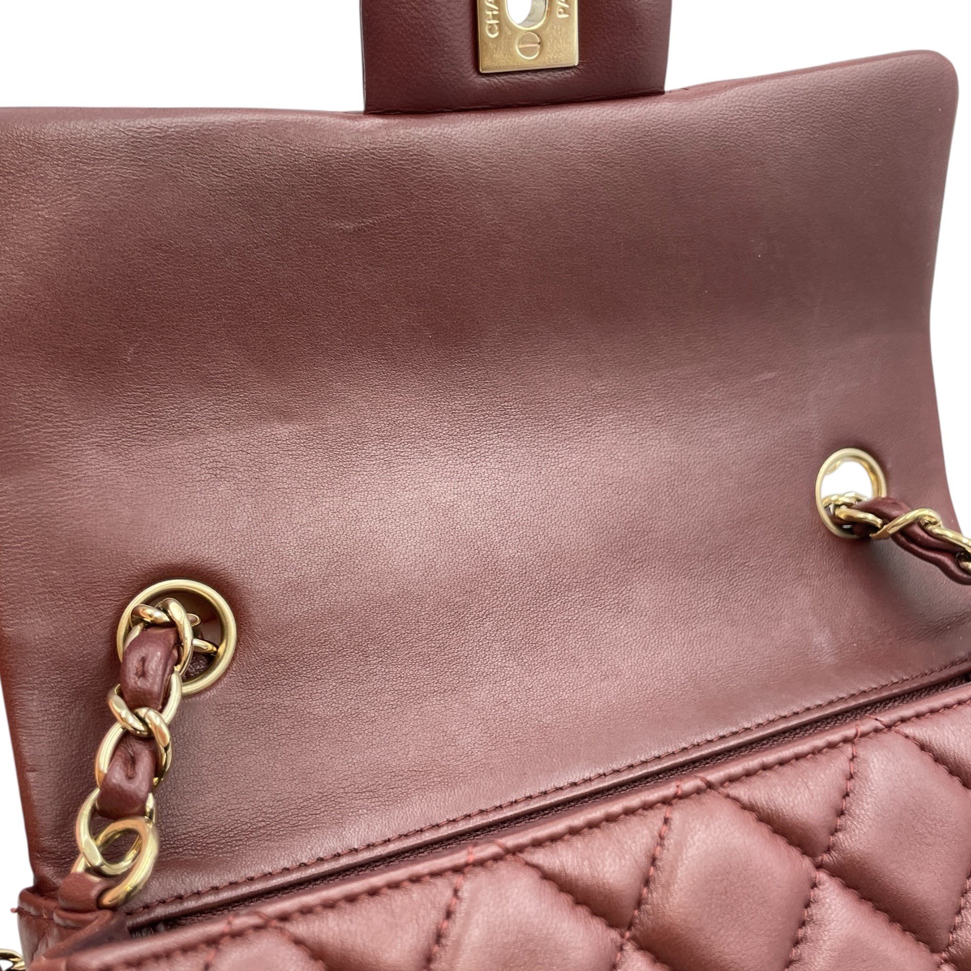 Rectangular Mini Burgundy Flap Bag in Lambskin, Gold hardware