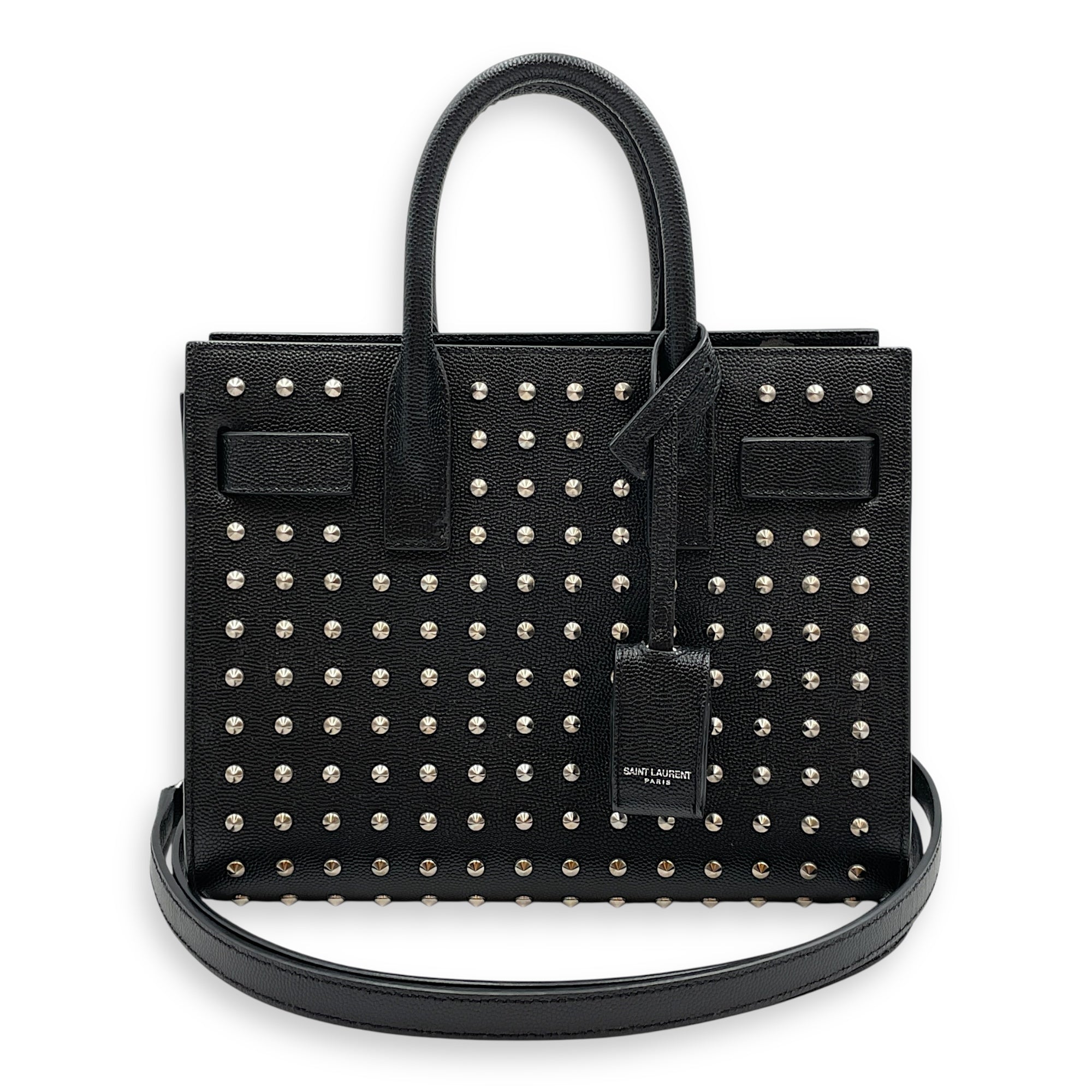 Studded Sac De Jour Nano Black Crossbody Bag in Calfskin, Silver hardware