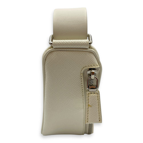 Triangle Logo Zip Around White Shoulder Bag in Saffiano Leather, Silver hardware