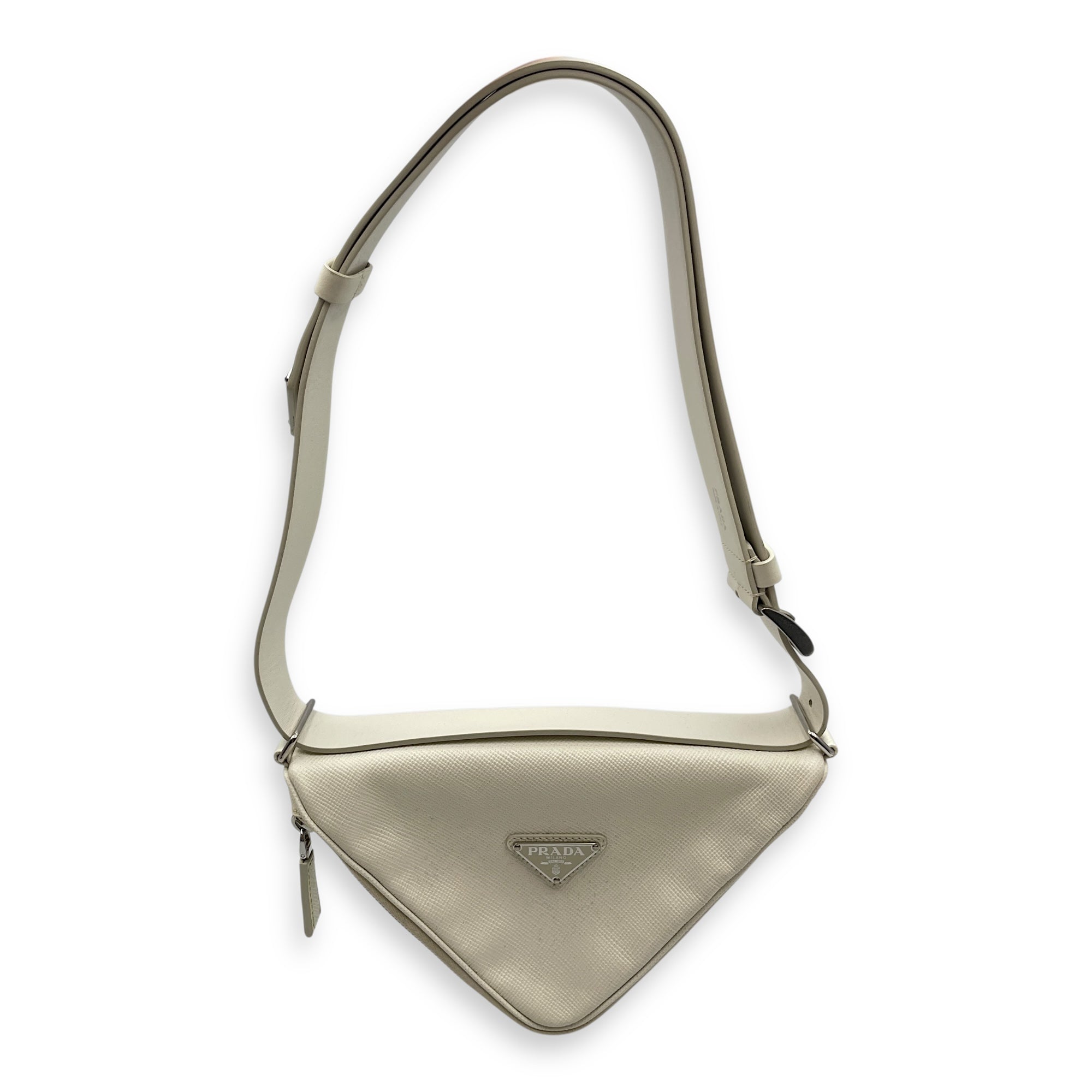 Triangle Logo Zip Around White Shoulder Bag in Saffiano Leather, Silver hardware