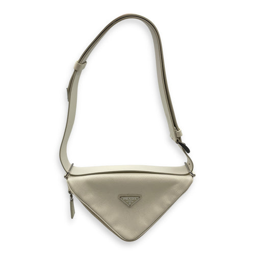 Triangle Logo Zip Around White Shoulder Bag in Saffiano Leather, Silver hardware
