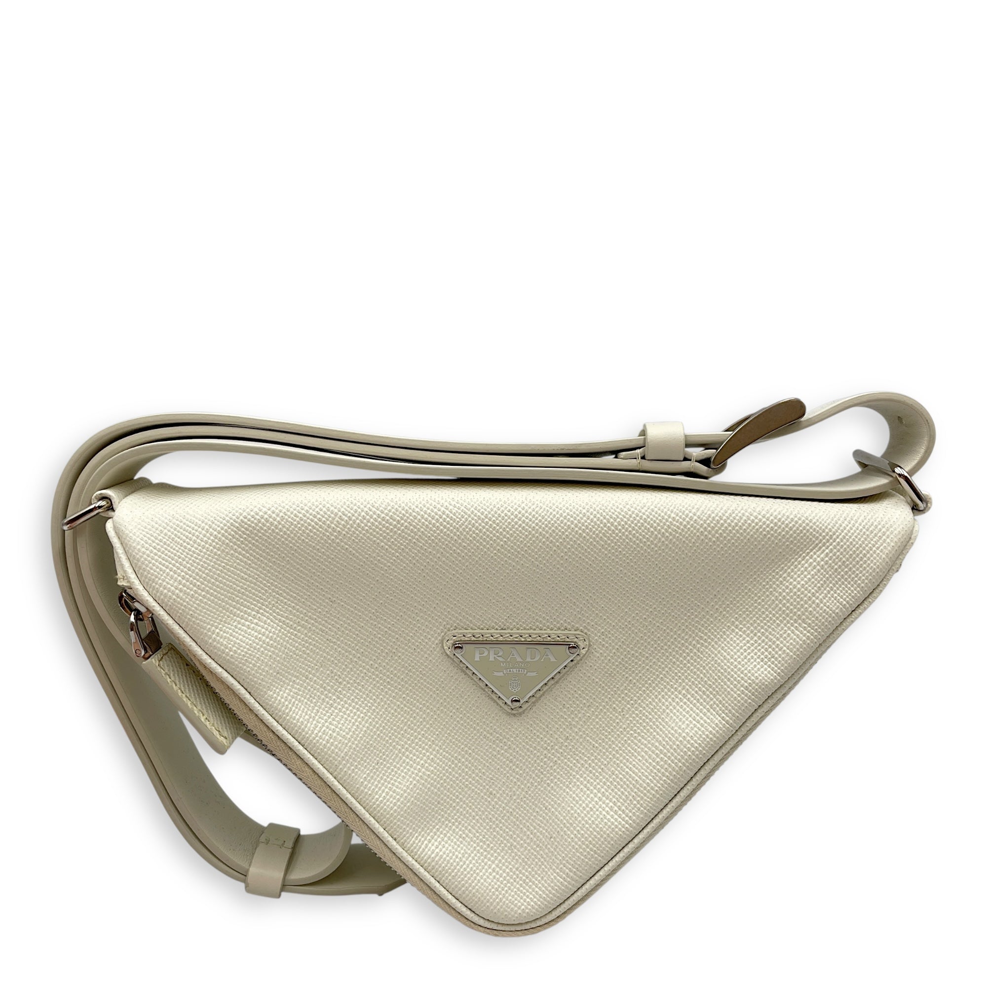 Triangle Logo Zip Around White Shoulder Bag in Saffiano Leather, Silver hardware