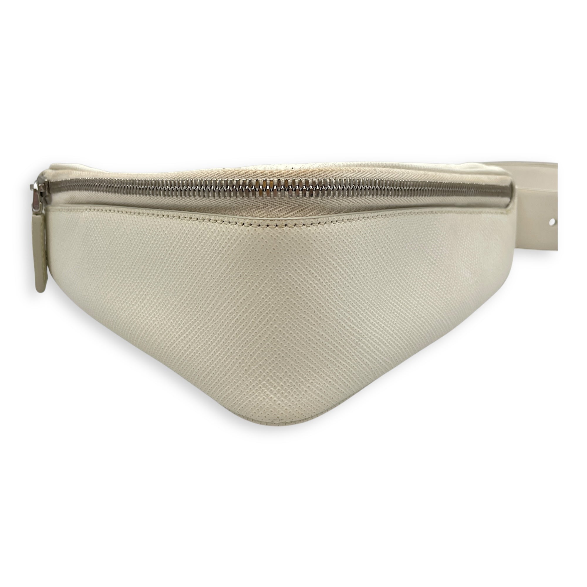 Triangle Logo Zip Around White Shoulder Bag in Saffiano Leather, Silver hardware