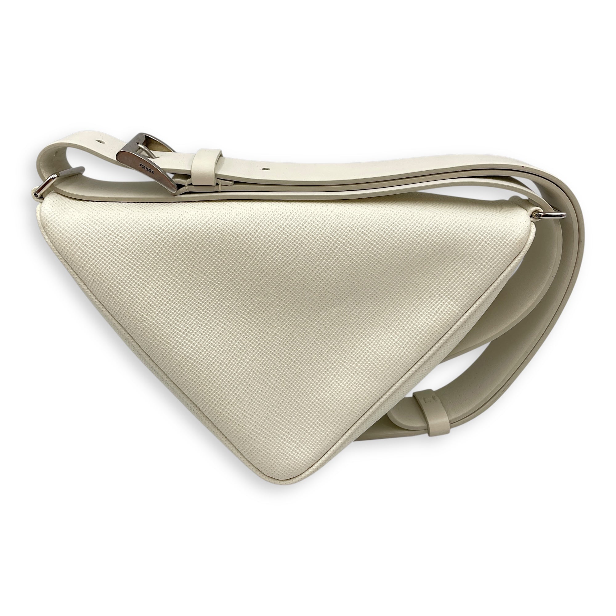 Triangle Logo Zip Around White Shoulder Bag in Saffiano Leather, Silver hardware