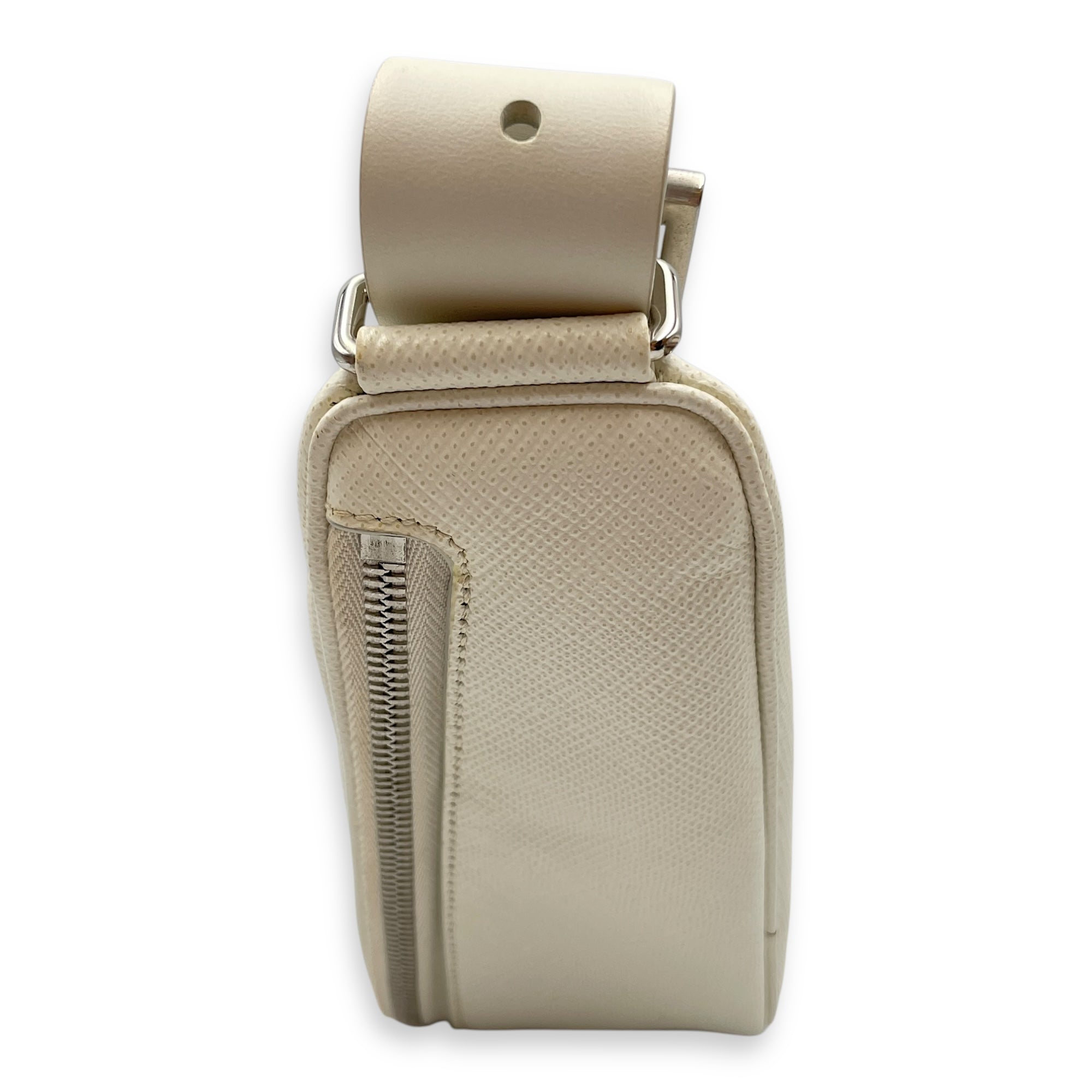 Triangle Logo Zip Around White Shoulder Bag in Saffiano Leather, Silver hardware