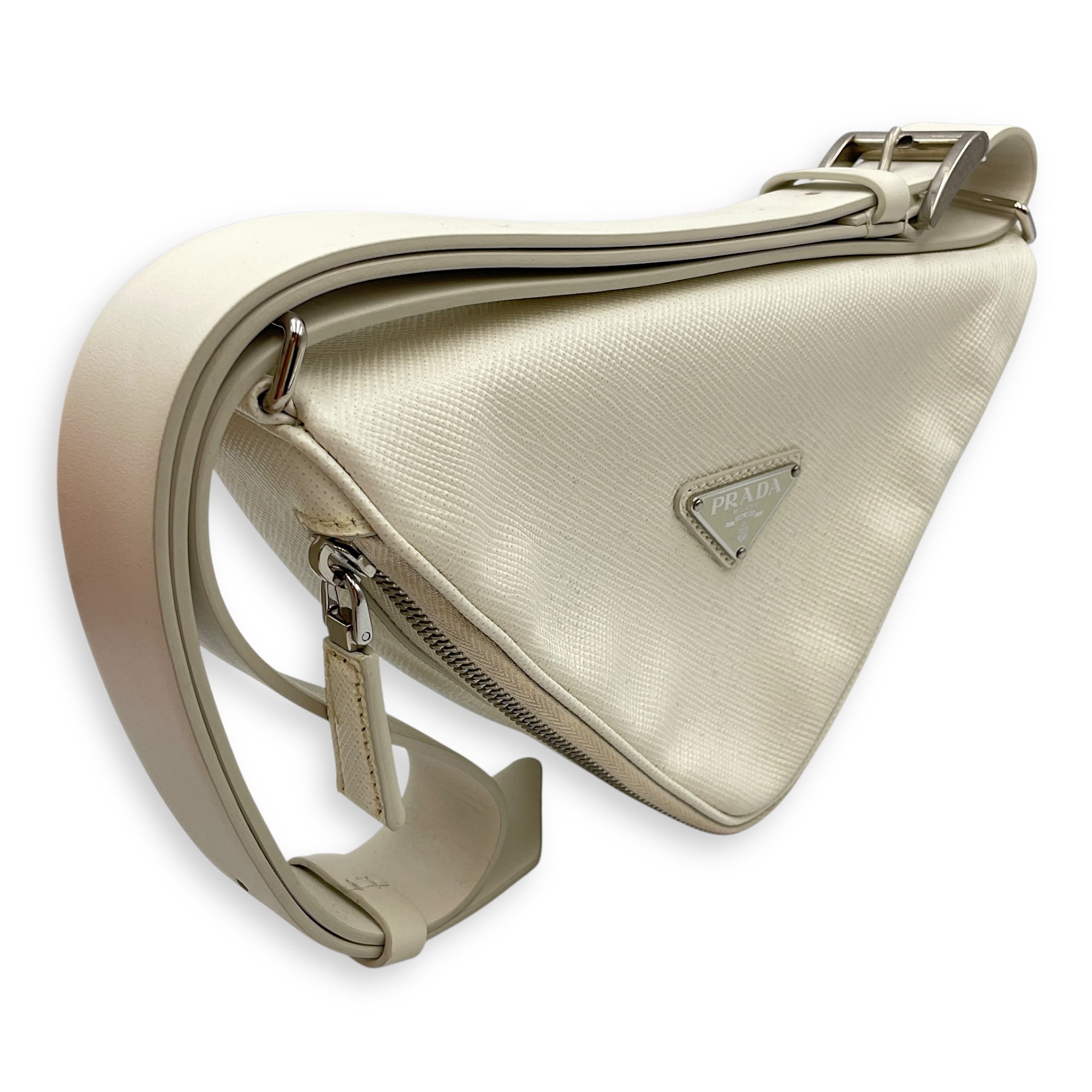 Triangle Logo Zip Around White Shoulder Bag in Saffiano Leather, Silver hardware