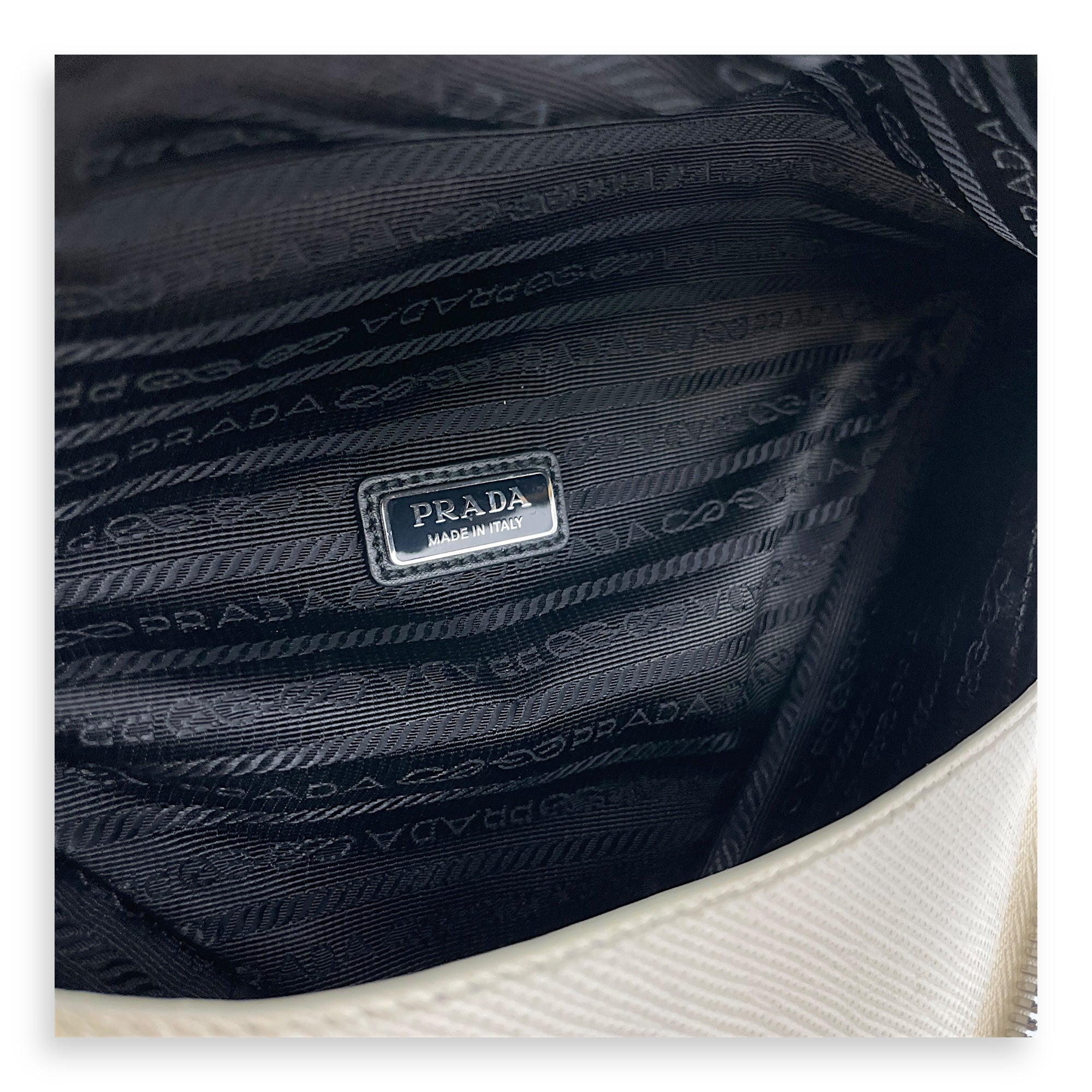 Triangle Logo Zip Around White Shoulder Bag in Saffiano Leather, Silver hardware