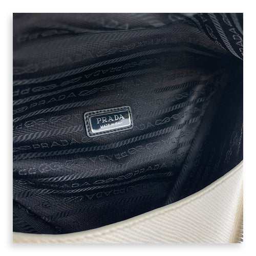 Triangle Logo Zip Around White Shoulder Bag in Saffiano Leather, Silver hardware