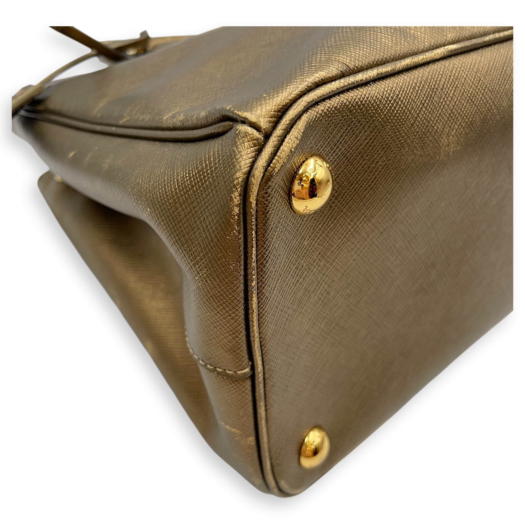 Double Zip Saffiano Lux Metallic Bronze Top Handle Bag in Metallic, Gold hardware