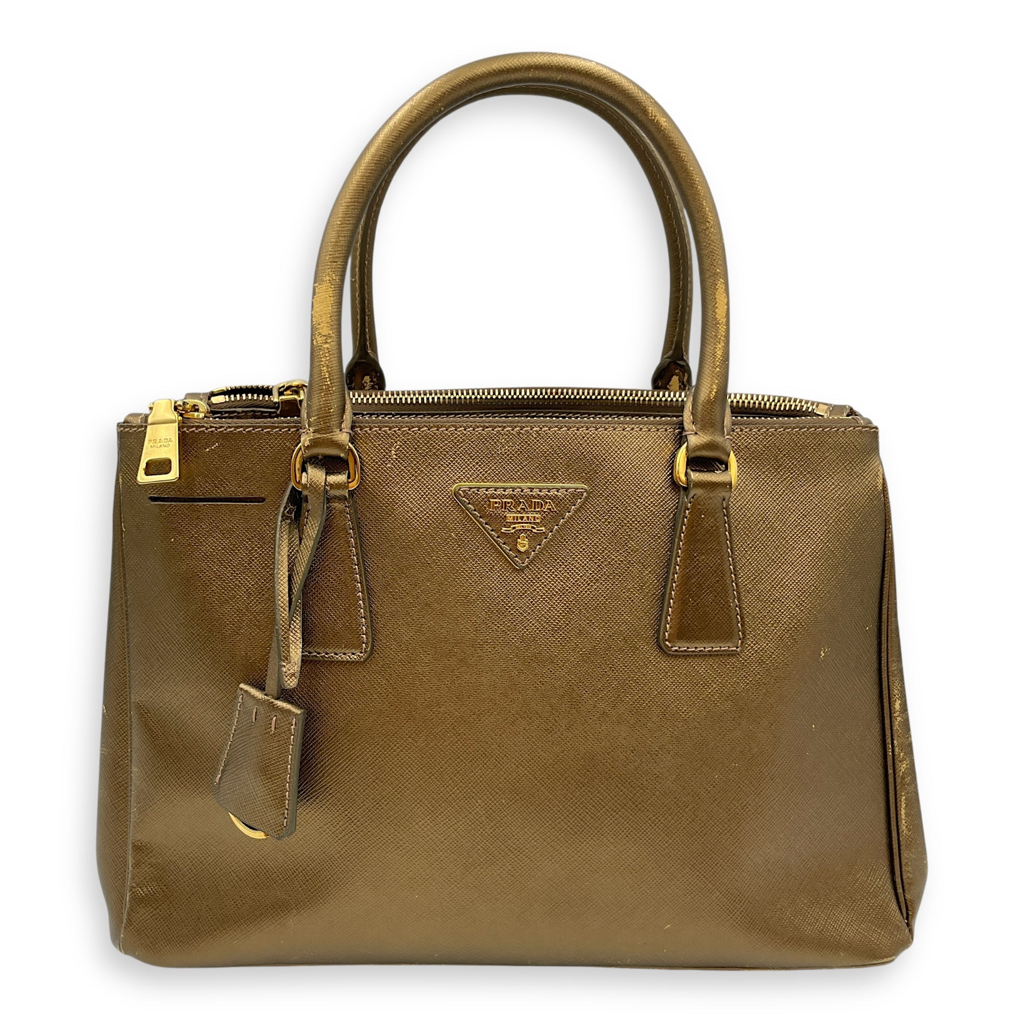 Double Zip Saffiano Lux Metallic Bronze Top Handle Bag in Metallic, Gold hardware