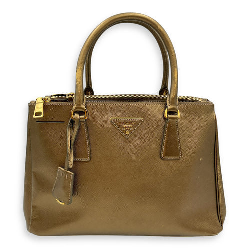 Double Zip Saffiano Lux Metallic Bronze Top Handle Bag in Metallic, Gold hardware