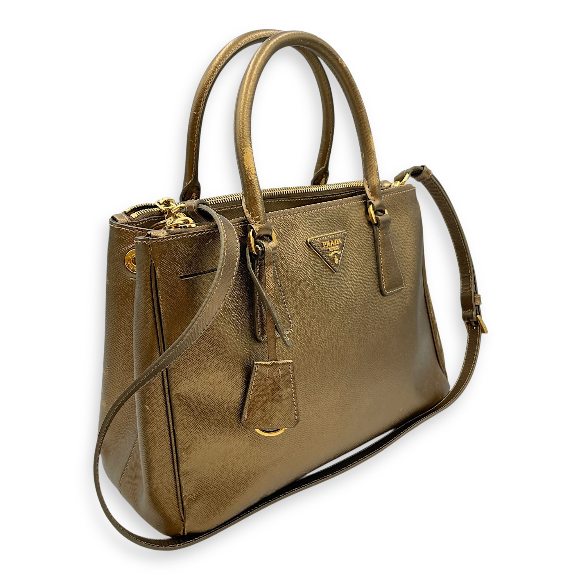 Double Zip Saffiano Lux Metallic Bronze Top Handle Bag in Metallic, Gold hardware