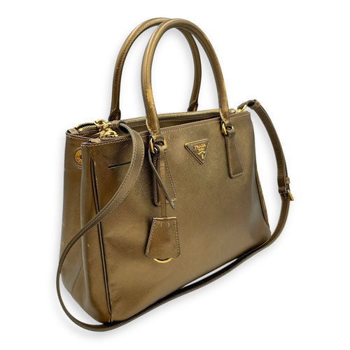 Double Zip Saffiano Lux Metallic Bronze Top Handle Bag in Metallic, Gold hardware