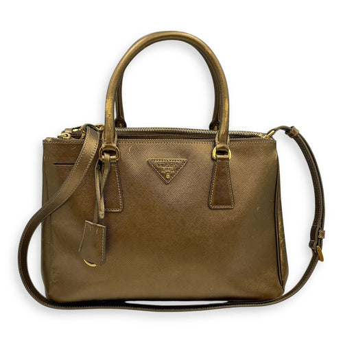 Double Zip Saffiano Lux Metallic Bronze Top Handle Bag in Metallic, Gold hardware