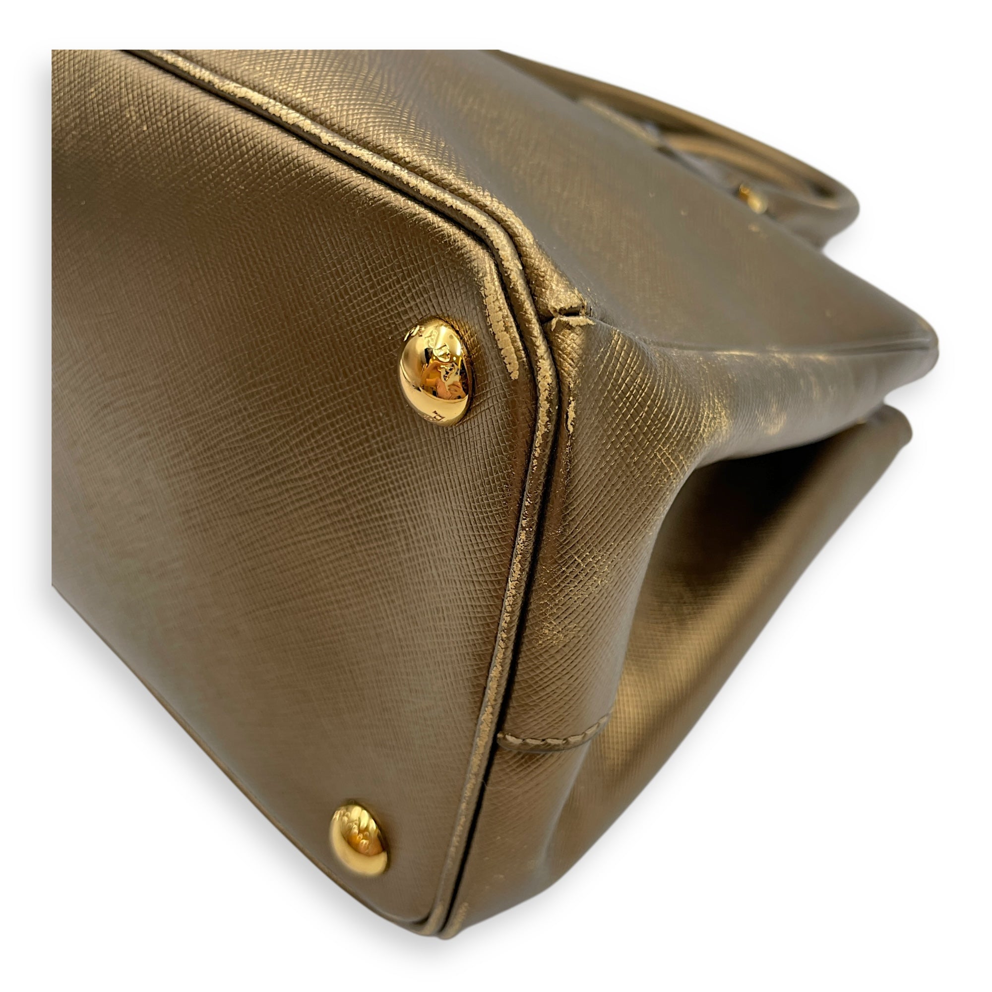 Double Zip Saffiano Lux Metallic Bronze Top Handle Bag in Metallic, Gold hardware