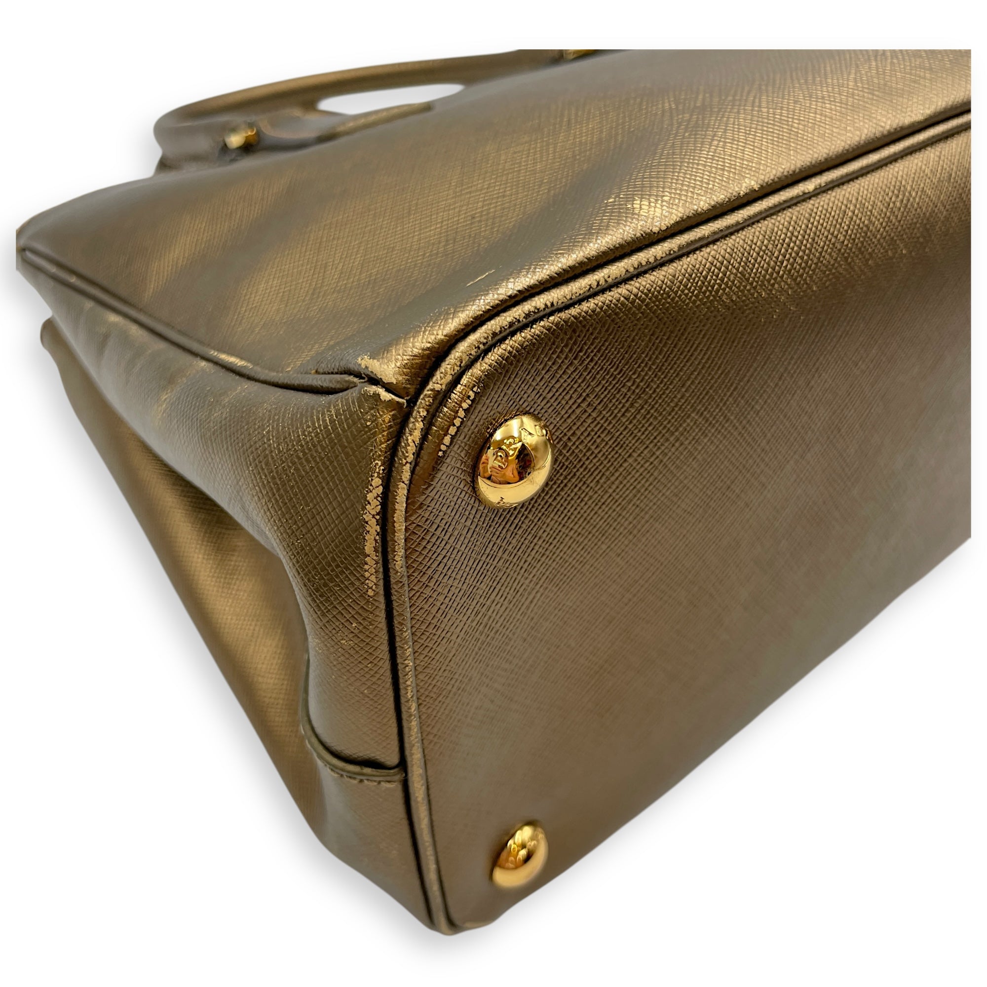 Double Zip Saffiano Lux Metallic Bronze Top Handle Bag in Metallic, Gold hardware
