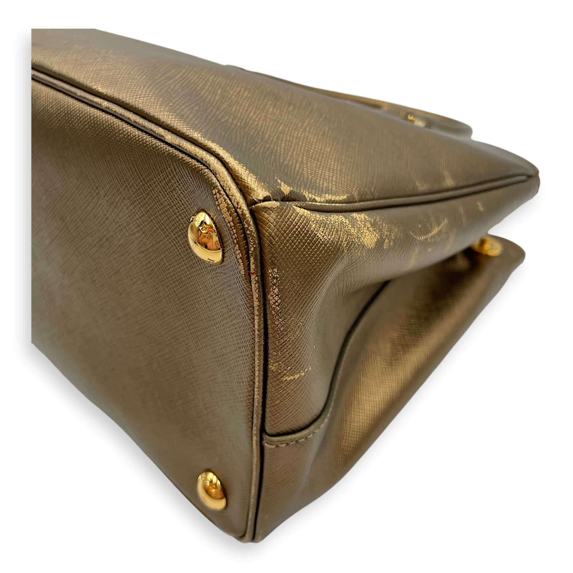 Double Zip Saffiano Lux Metallic Bronze Top Handle Bag in Metallic, Gold hardware
