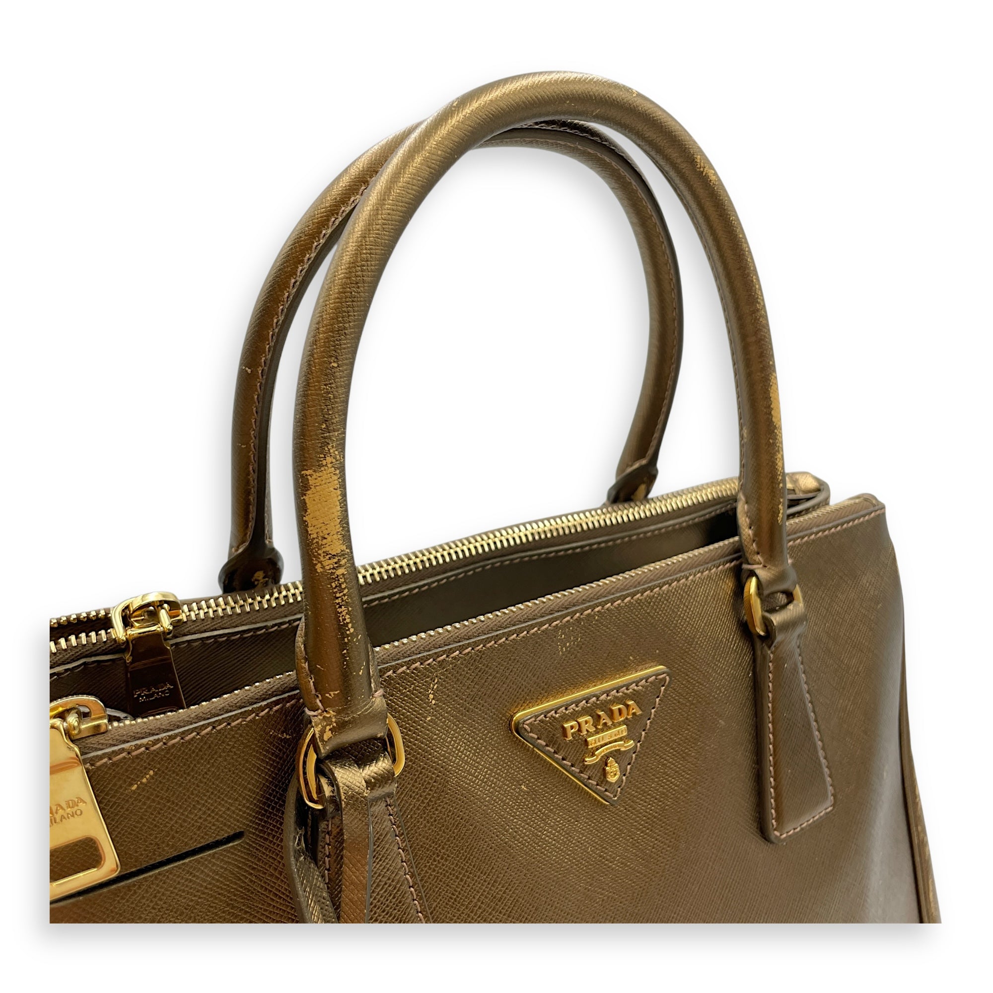 Double Zip Saffiano Lux Metallic Bronze Top Handle Bag in Metallic, Gold hardware