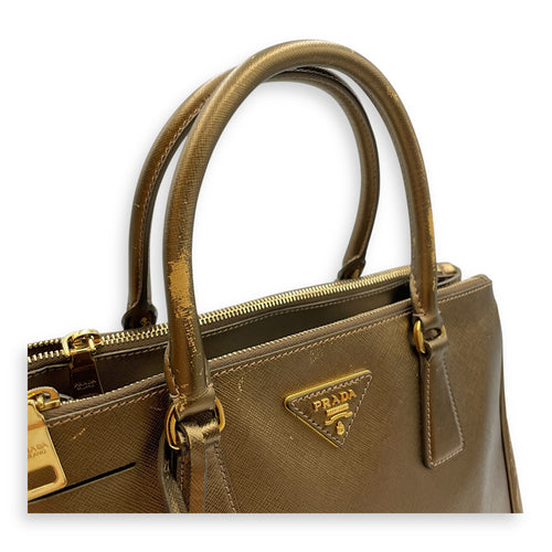 Double Zip Saffiano Lux Metallic Bronze Top Handle Bag in Metallic, Gold hardware