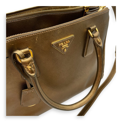 Double Zip Saffiano Lux Metallic Bronze Top Handle Bag in Metallic, Gold hardware