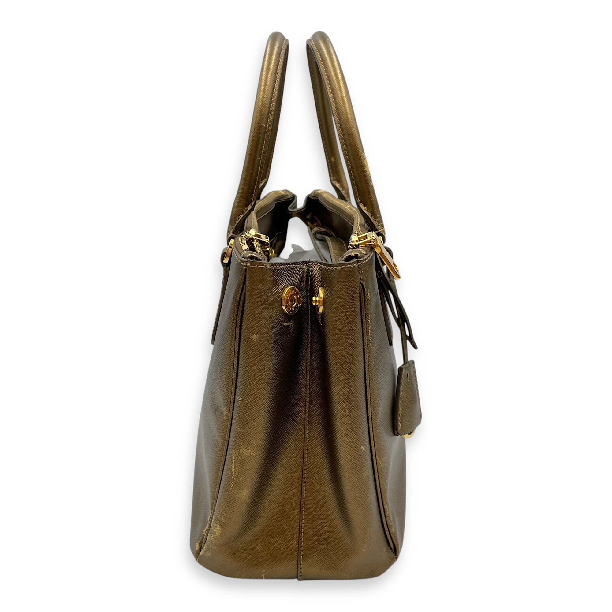 Double Zip Saffiano Lux Metallic Bronze Top Handle Bag in Metallic, Gold hardware