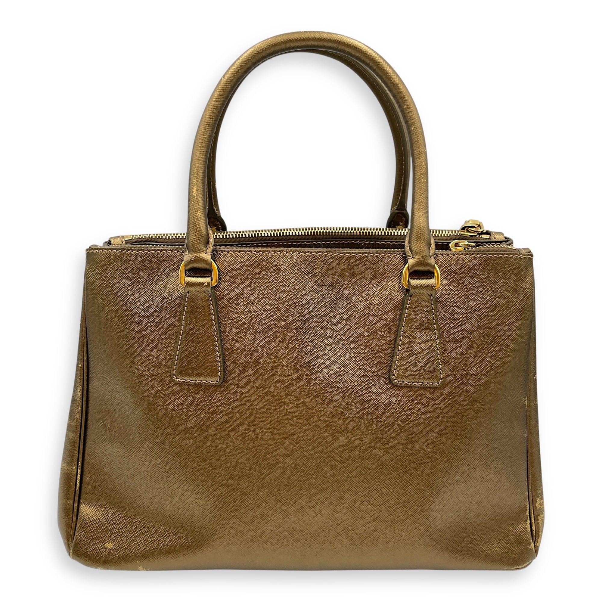 Double Zip Saffiano Lux Metallic Bronze Top Handle Bag in Metallic, Gold hardware
