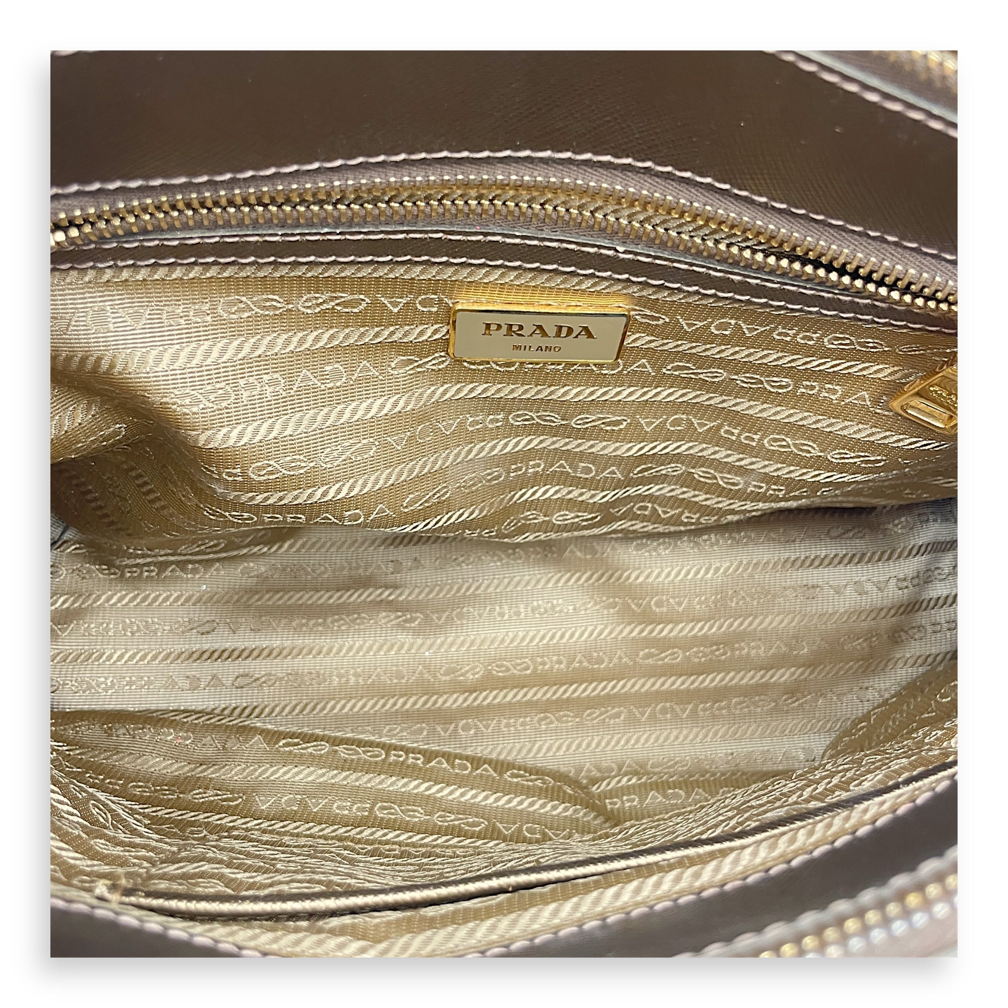Double Zip Saffiano Lux Metallic Bronze Top Handle Bag in Metallic, Gold hardware