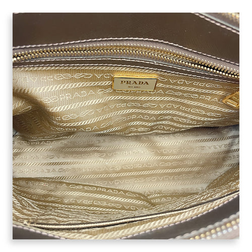 Double Zip Saffiano Lux Metallic Bronze Top Handle Bag in Metallic, Gold hardware