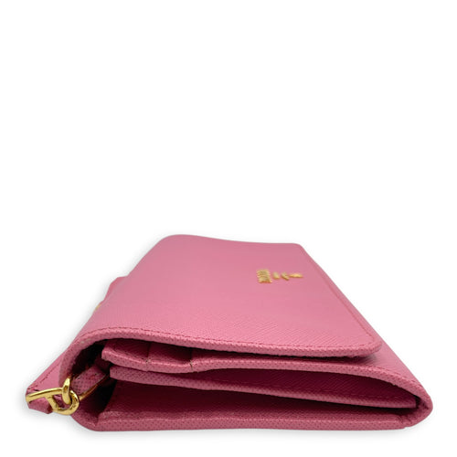Saffiano Barbie Pink Wallet on Chain , Gold hardware