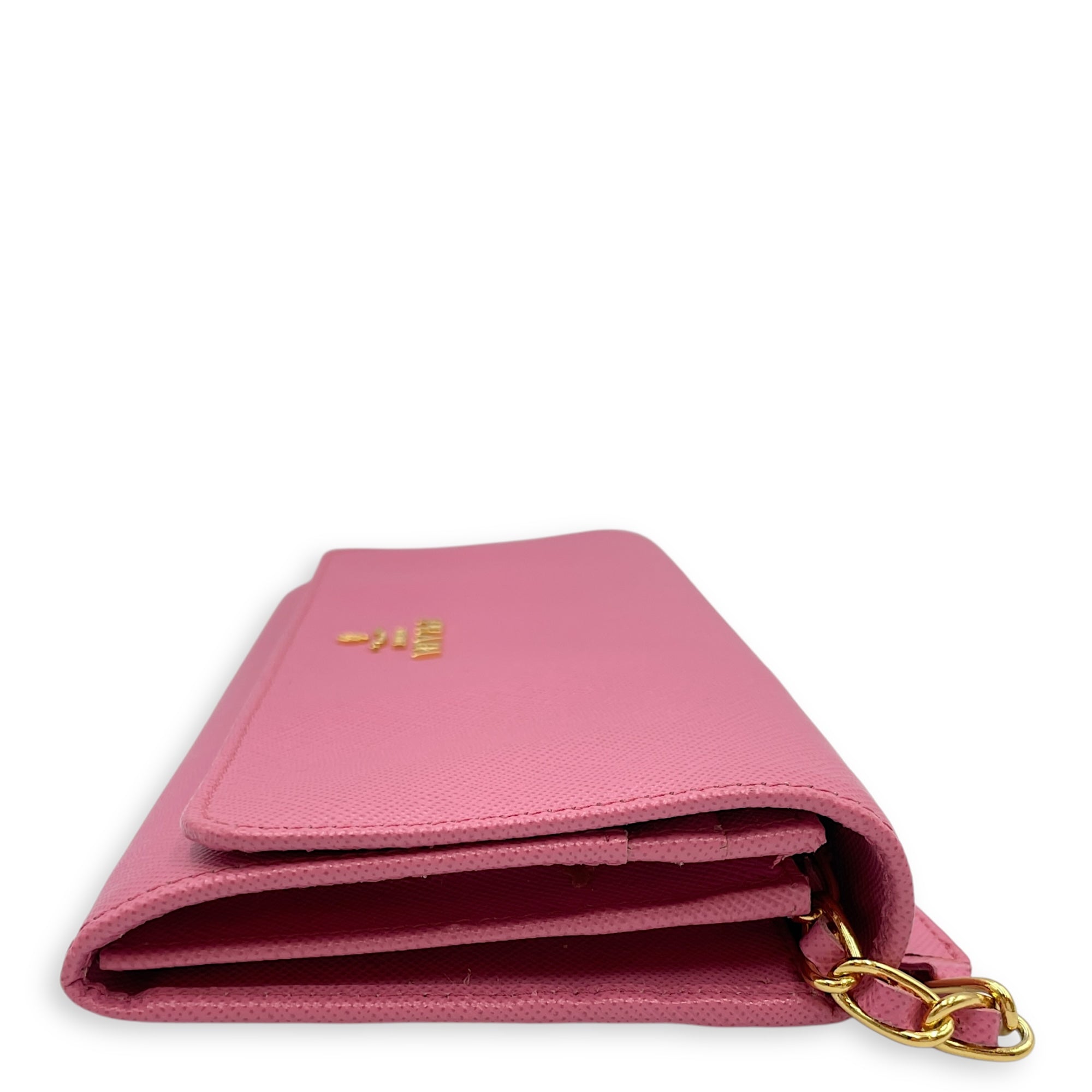 Saffiano Barbie Pink Wallet on Chain , Gold hardware