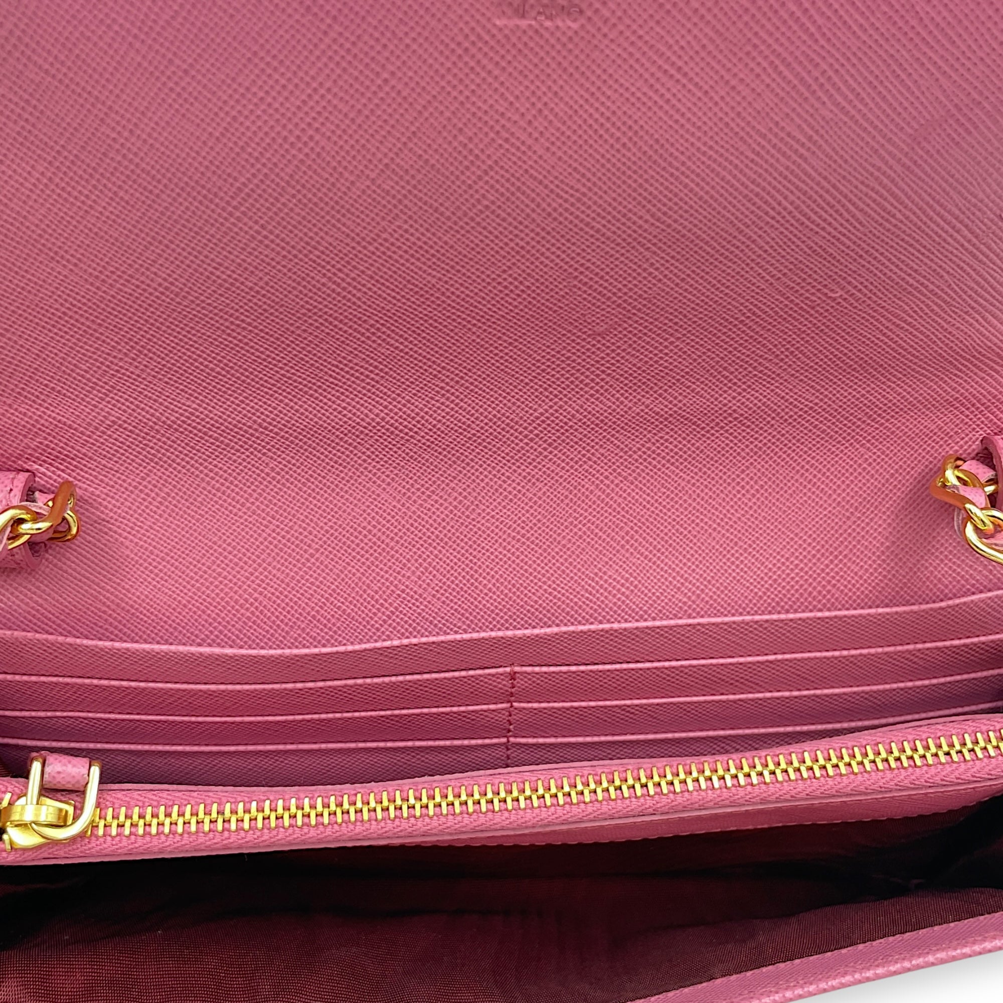 Saffiano Barbie Pink Wallet on Chain , Gold hardware