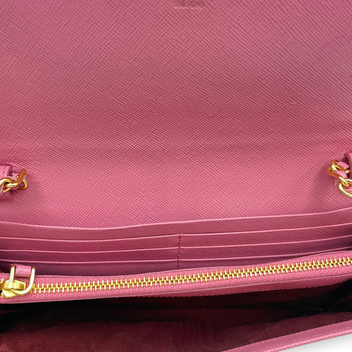 Saffiano Barbie Pink Wallet on Chain , Gold hardware