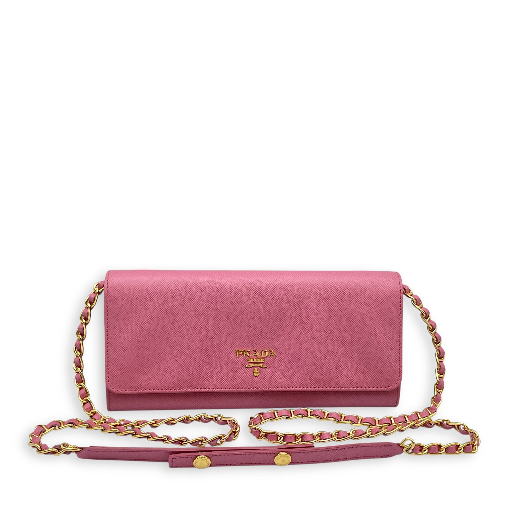 Saffiano Barbie Pink Wallet on Chain , Gold hardware
