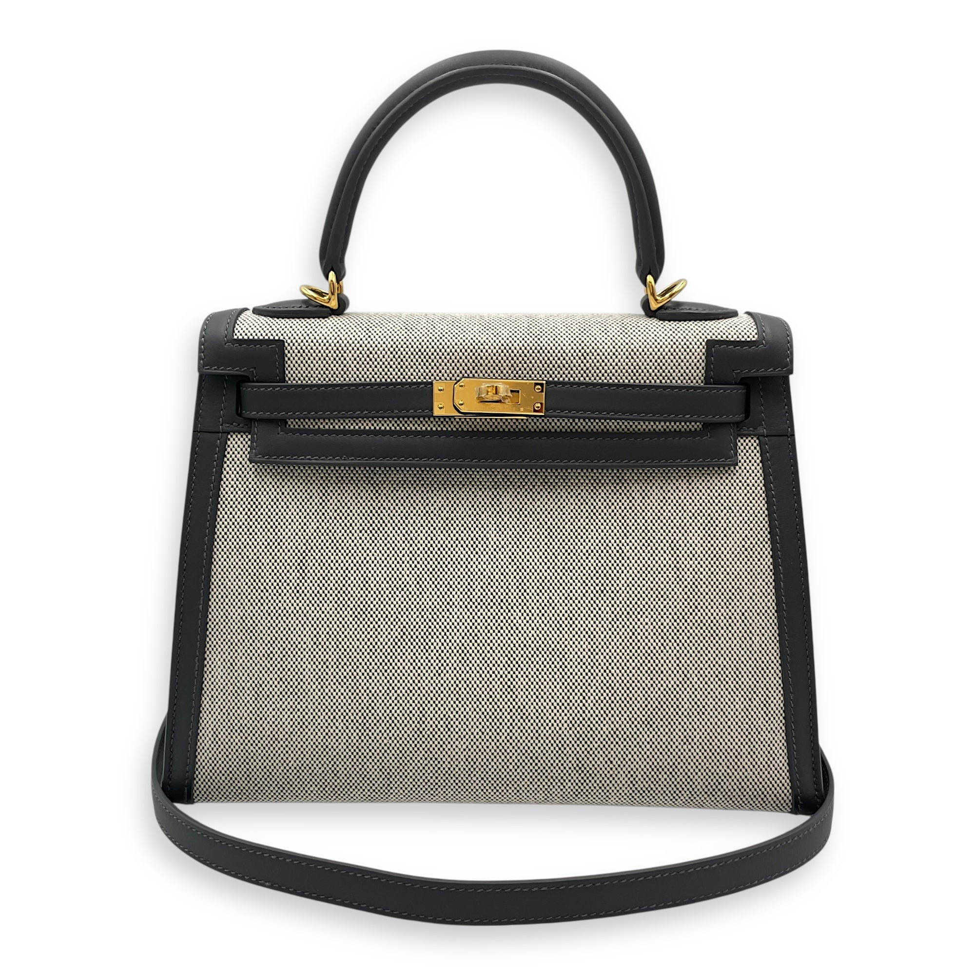 Sellier Kelly 25 Ardoise/Ecru-Black in Swift/Toile H, Gold hardware