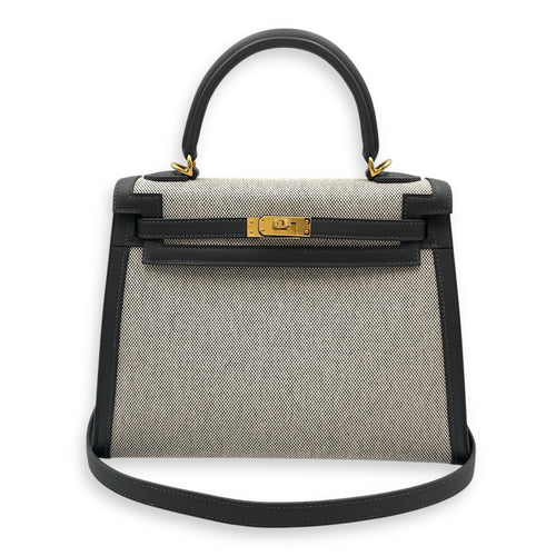 Sellier Kelly 25 Ardoise/Ecru-Black in Swift/Toile H, Gold hardware