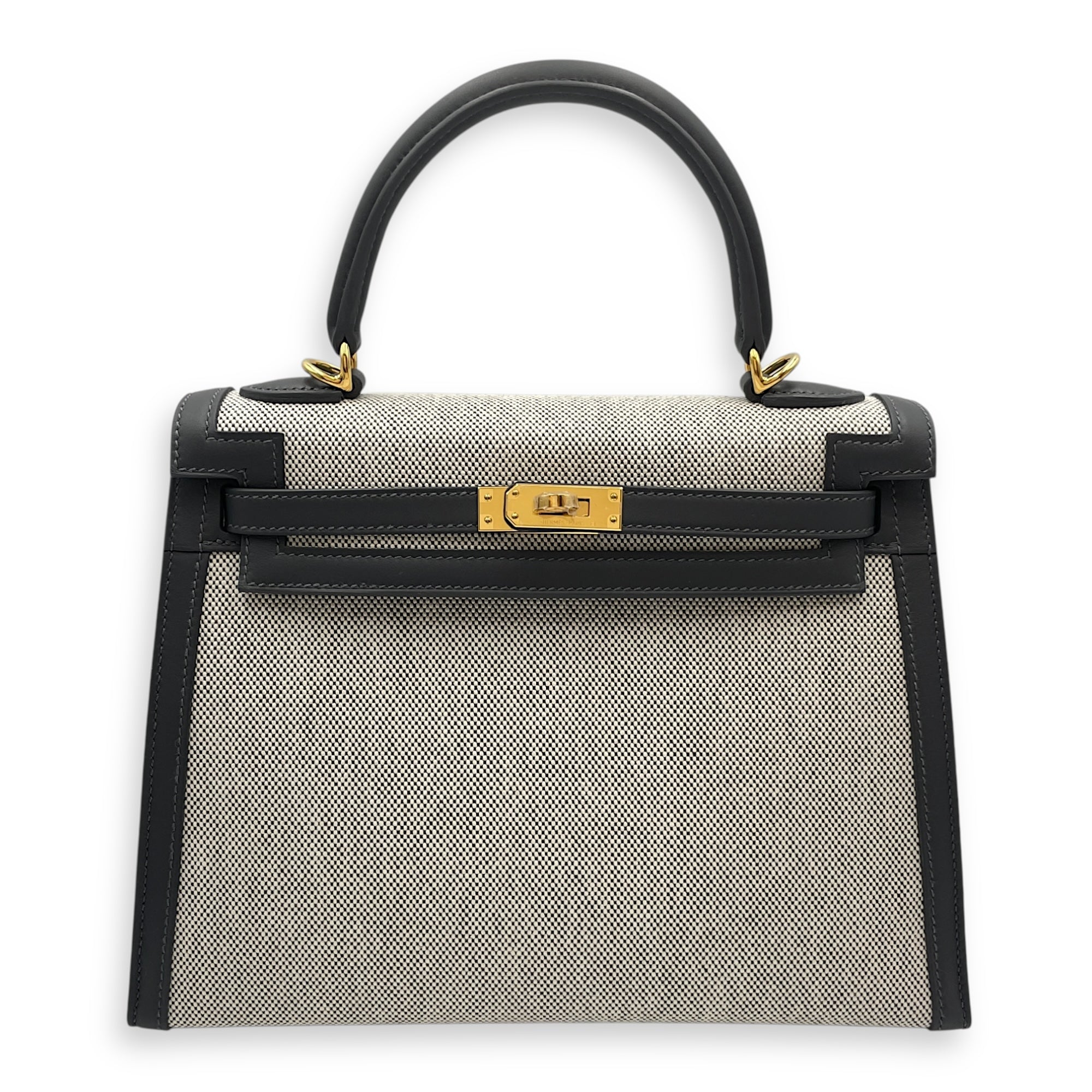 Sellier Kelly 25 Ardoise/Ecru-Black in Swift/Toile H, Gold hardware