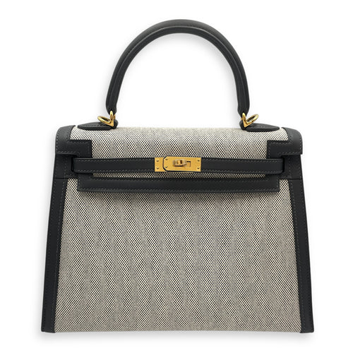 Sellier Kelly 25 Ardoise/Ecru-Black in Swift/Toile H, Gold hardware