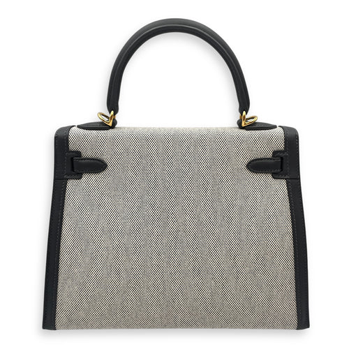 Sellier Kelly 25 Ardoise/Ecru-Black in Swift/Toile H, Gold hardware