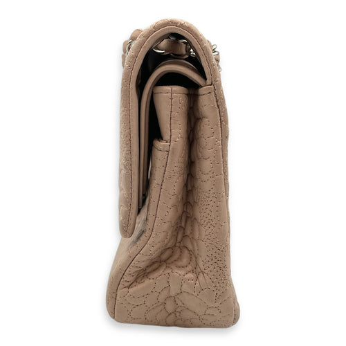 Camellia Embroidered Double Flap Beige Shoulder Bag in Lambskin, Silver hardware