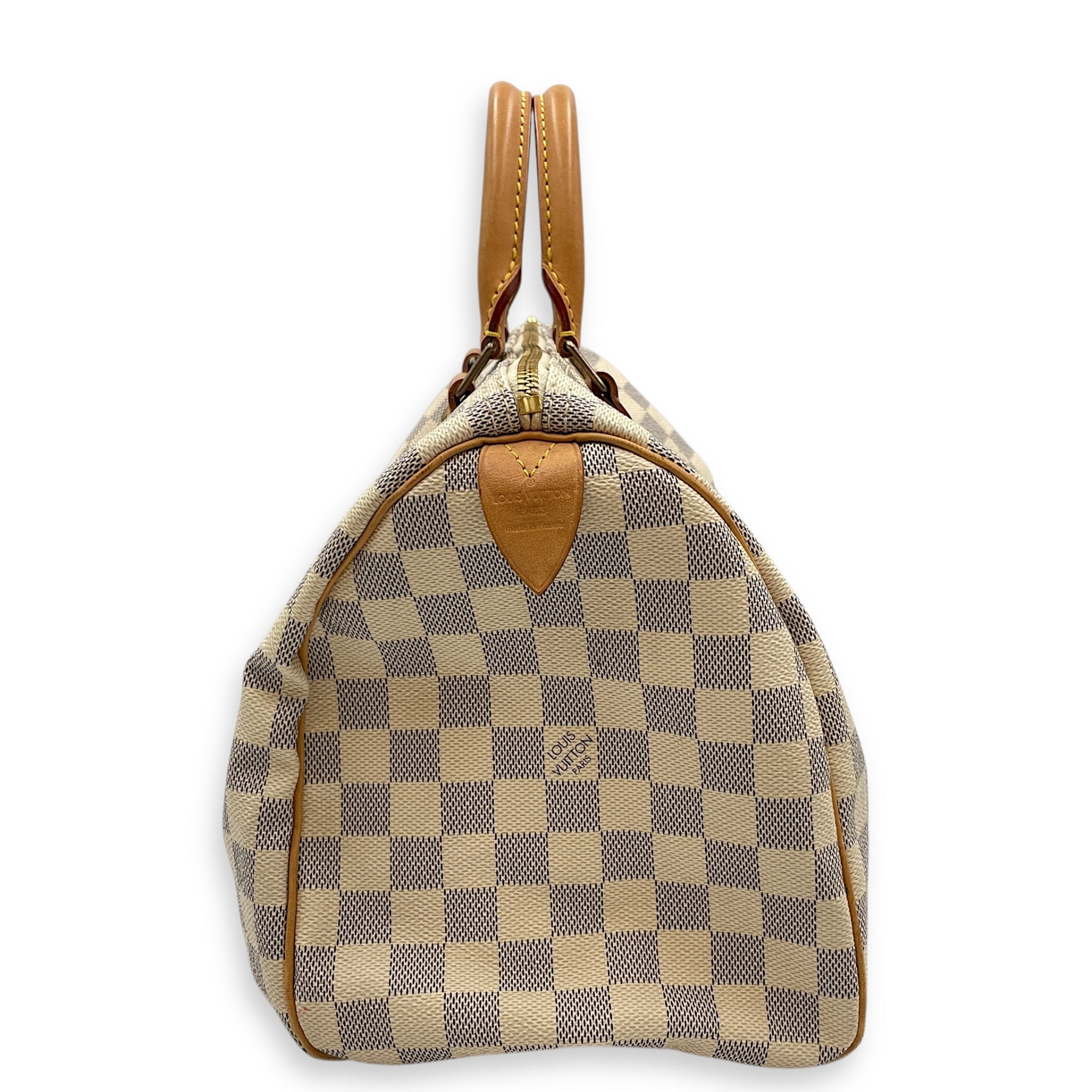 Azur Damier Speedy White Top Handle Bag, Gold hardware