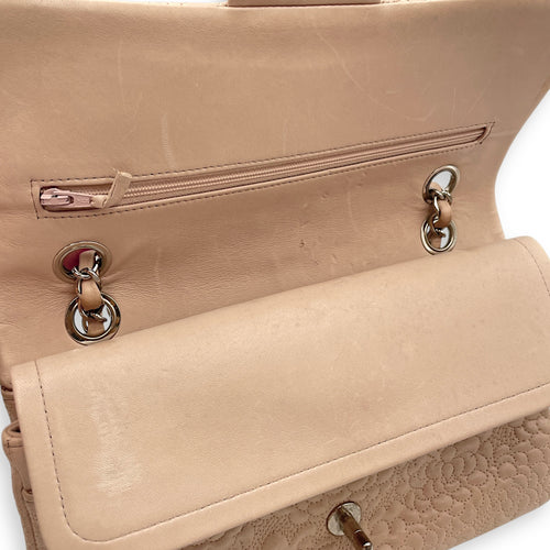 Camellia Embroidered Double Flap Beige Shoulder Bag in Lambskin, Silver hardware