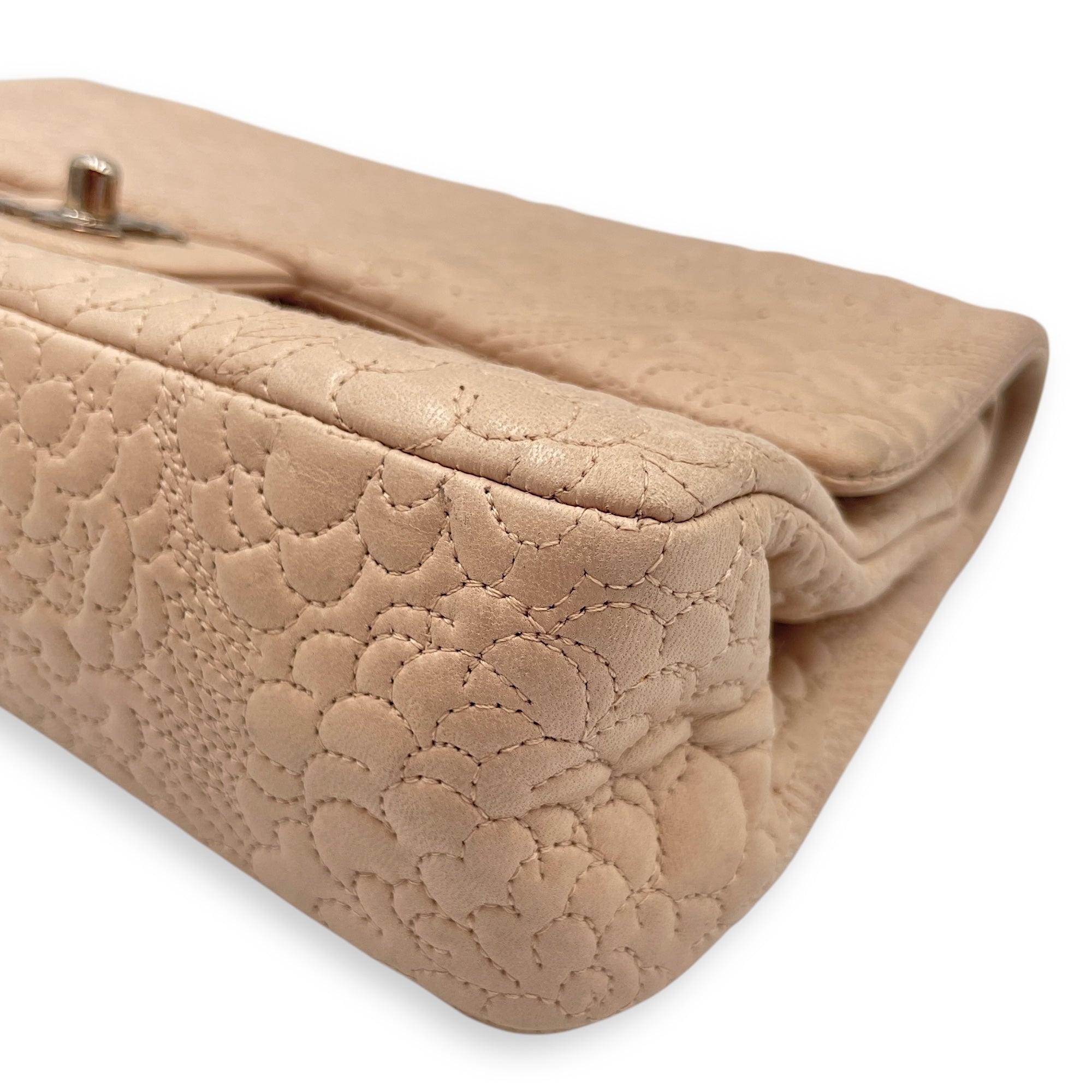 Camellia Embroidered Double Flap Beige Shoulder Bag in Lambskin, Silver hardware