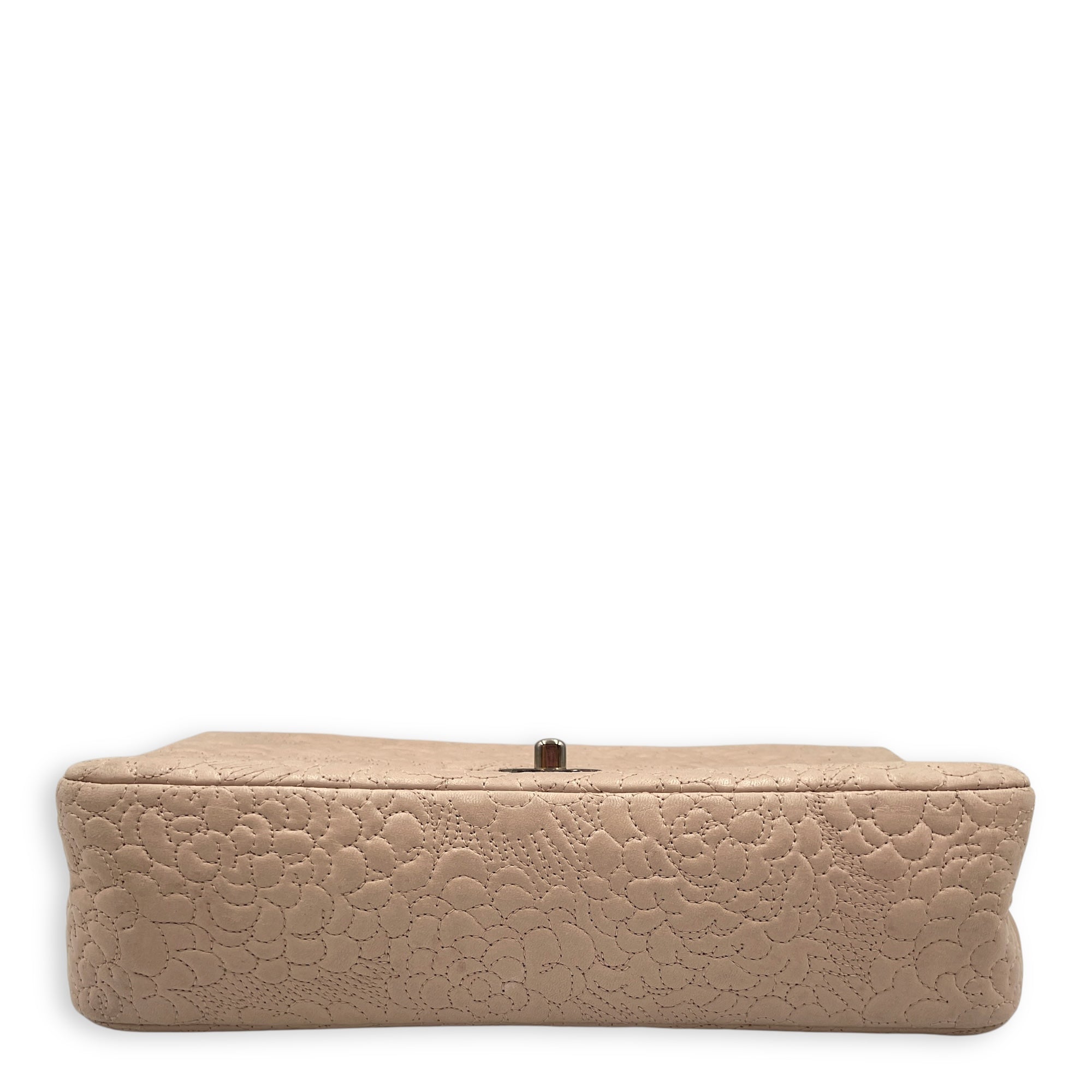 Camellia Embroidered Double Flap Beige Shoulder Bag in Lambskin, Silver hardware
