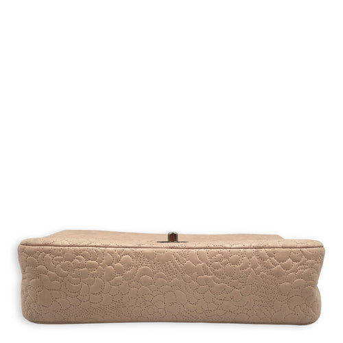 Camellia Embroidered Double Flap Beige Shoulder Bag in Lambskin, Silver hardware