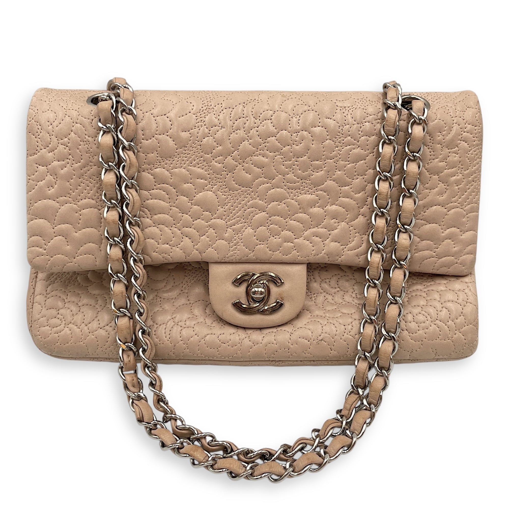 Camellia Embroidered Double Flap Beige Shoulder Bag in Lambskin, Silver hardware
