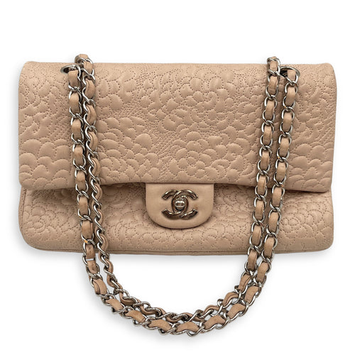 Camellia Embroidered Double Flap Beige Shoulder Bag in Lambskin, Silver hardware