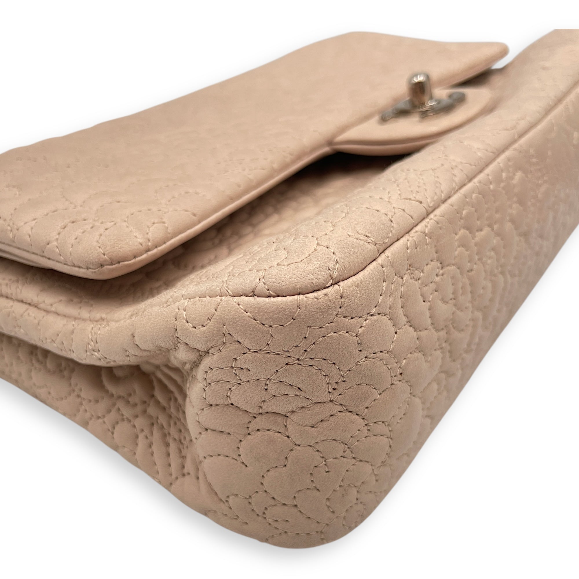 Camellia Embroidered Double Flap Beige Shoulder Bag in Lambskin, Silver hardware