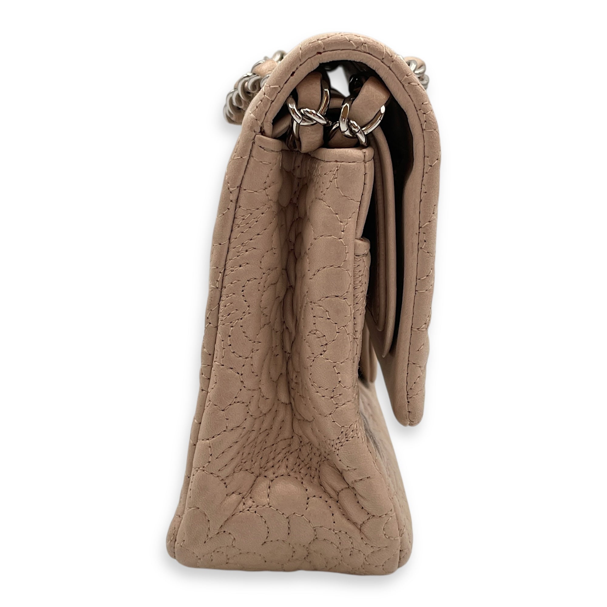 Camellia Embroidered Double Flap Beige Shoulder Bag in Lambskin, Silver hardware